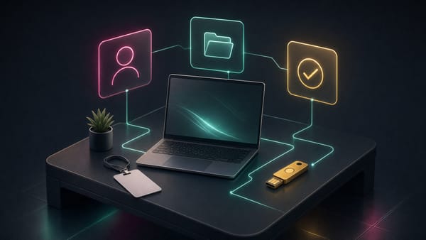 Vorbereiteter Arbeitsplatz mit Laptop, Zugangskarte und abgestimmten Benutzerrechten.